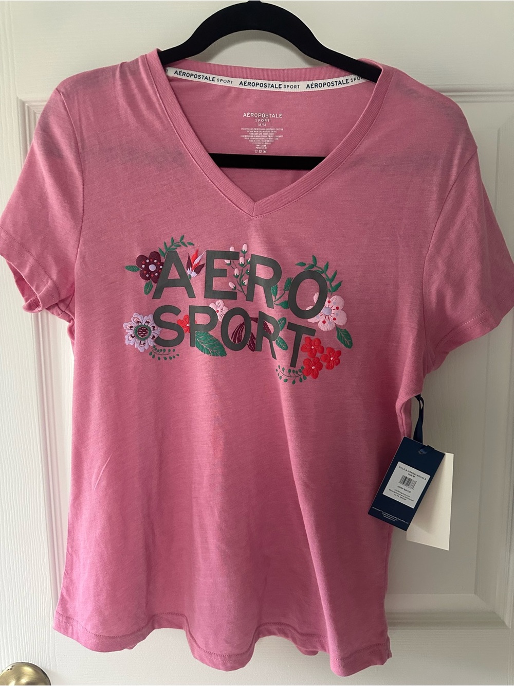 Aeropostale Pink V-Neck Floral Aero Sport Graphic Tee